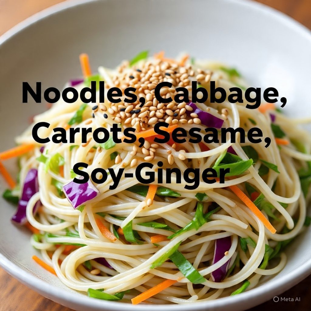 Asian noodle salad with noodles, cabbage, carrots, and sesame seeds, dressed with a soy-ginger sauce. 