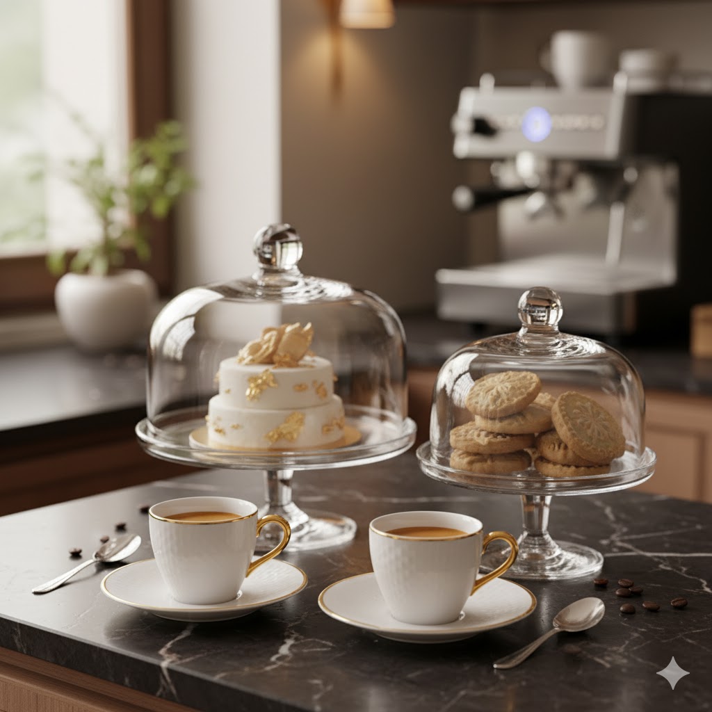 Coffee with desserts under glass domes.