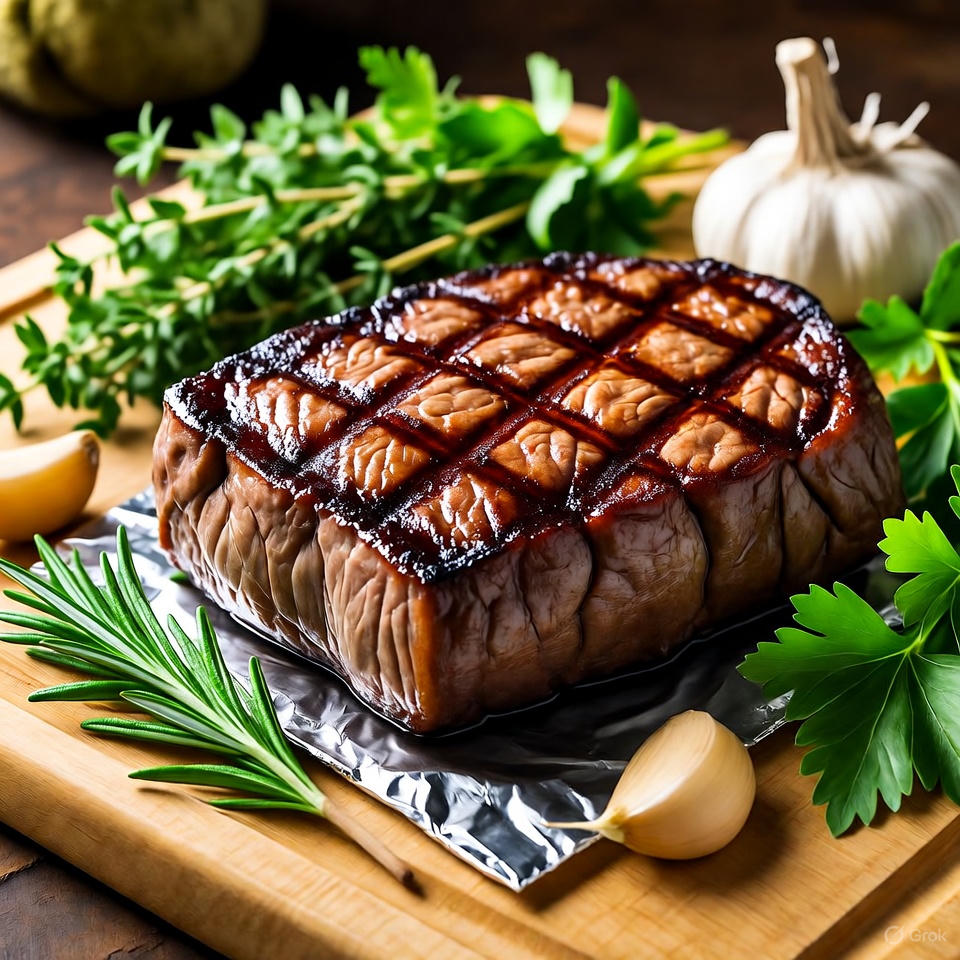 Cooked meat resting to retain juices before slicing.