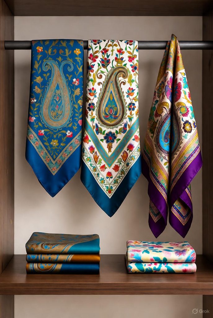 Ethnic silk scarves in boutique.