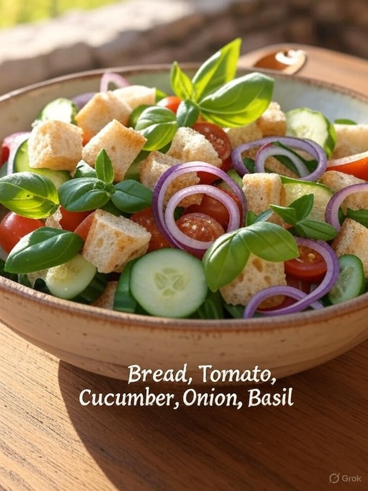 A bowl of Panzanella salad with bread, tomatoes, cucumbers, red onions, and basil. 
