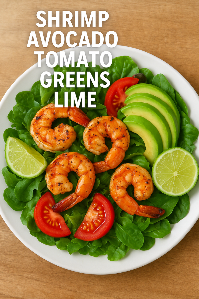 Shrimp and avocado salad with tomato, greens, and lime wedges. 