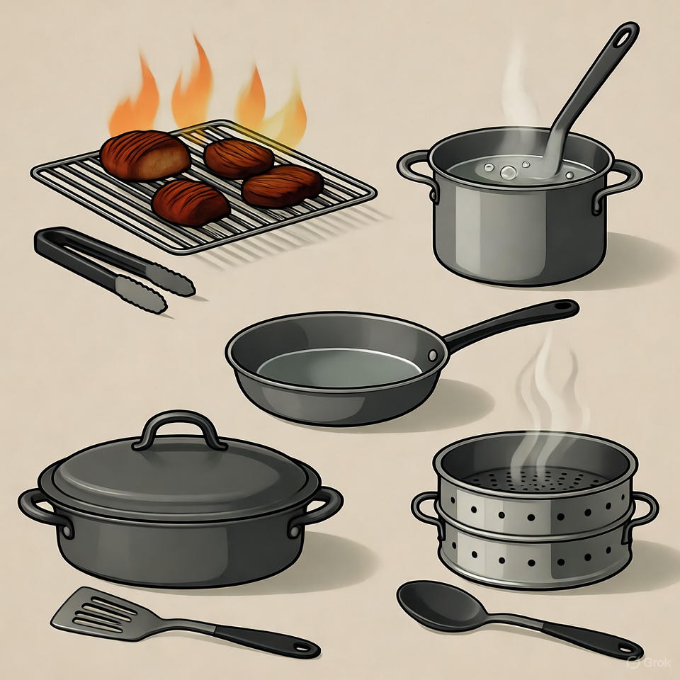Various cooking methods displayed in one kitchen scene.