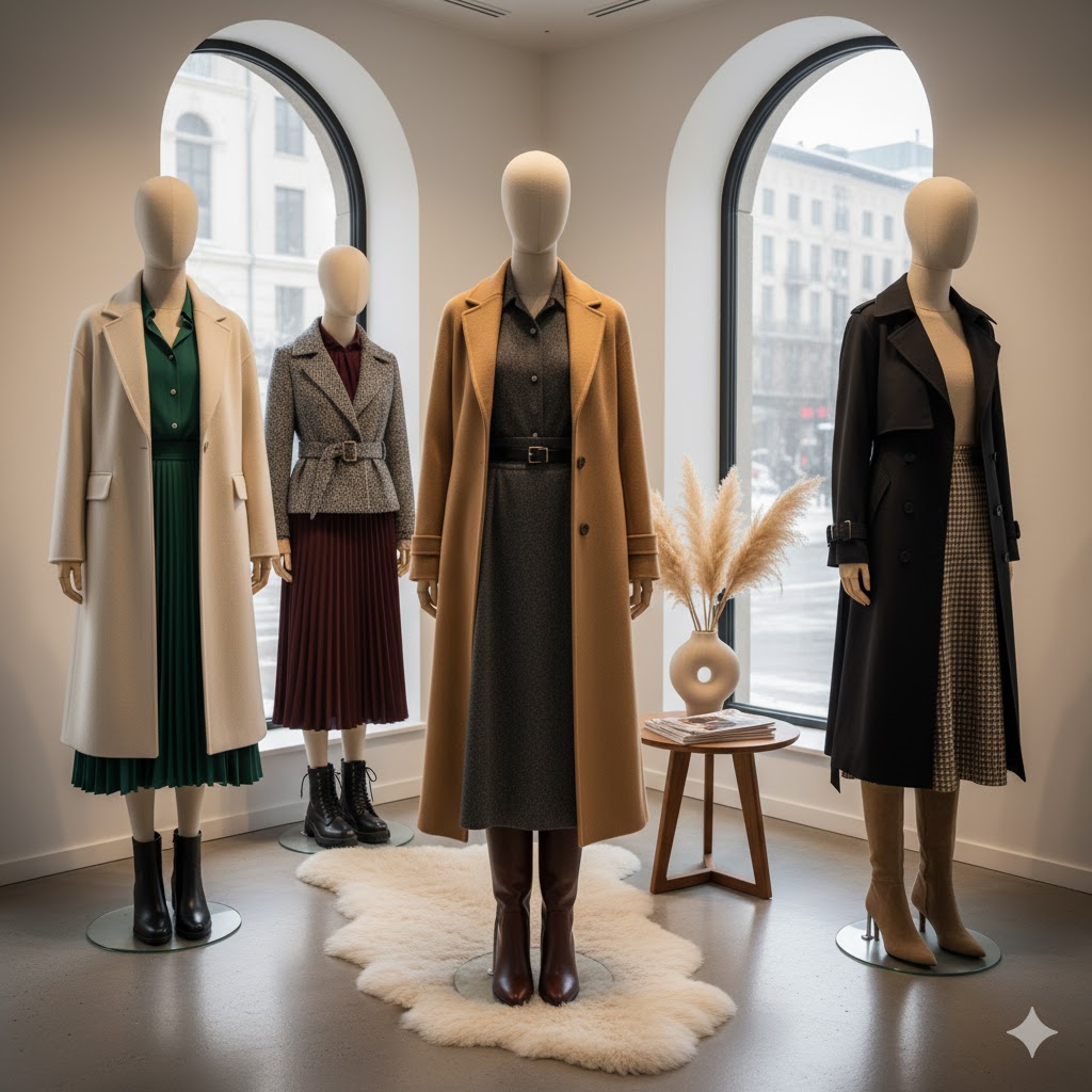 Layered midi skirts paired with winter coats and boots.