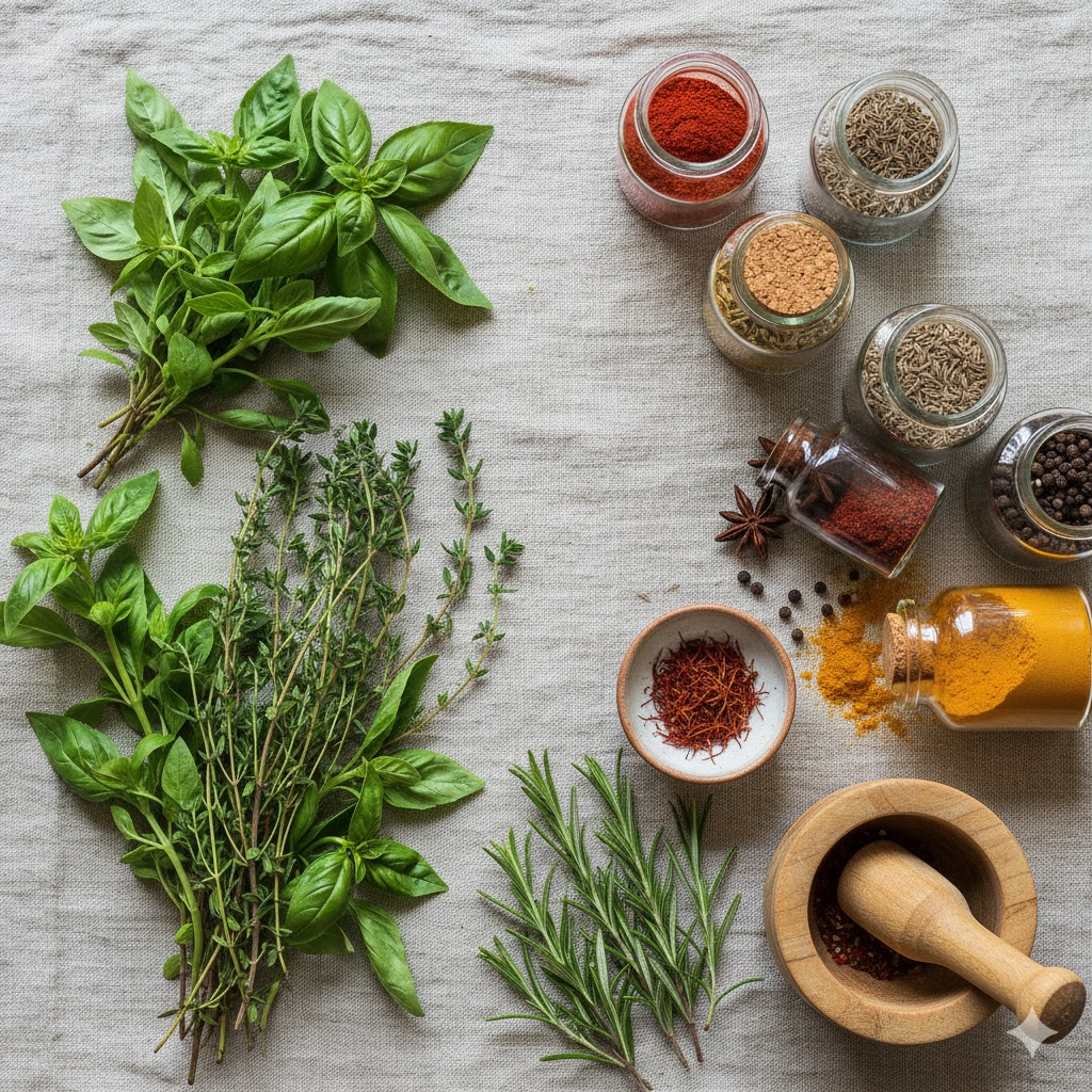 Combination of fresh herbs and dried spices.