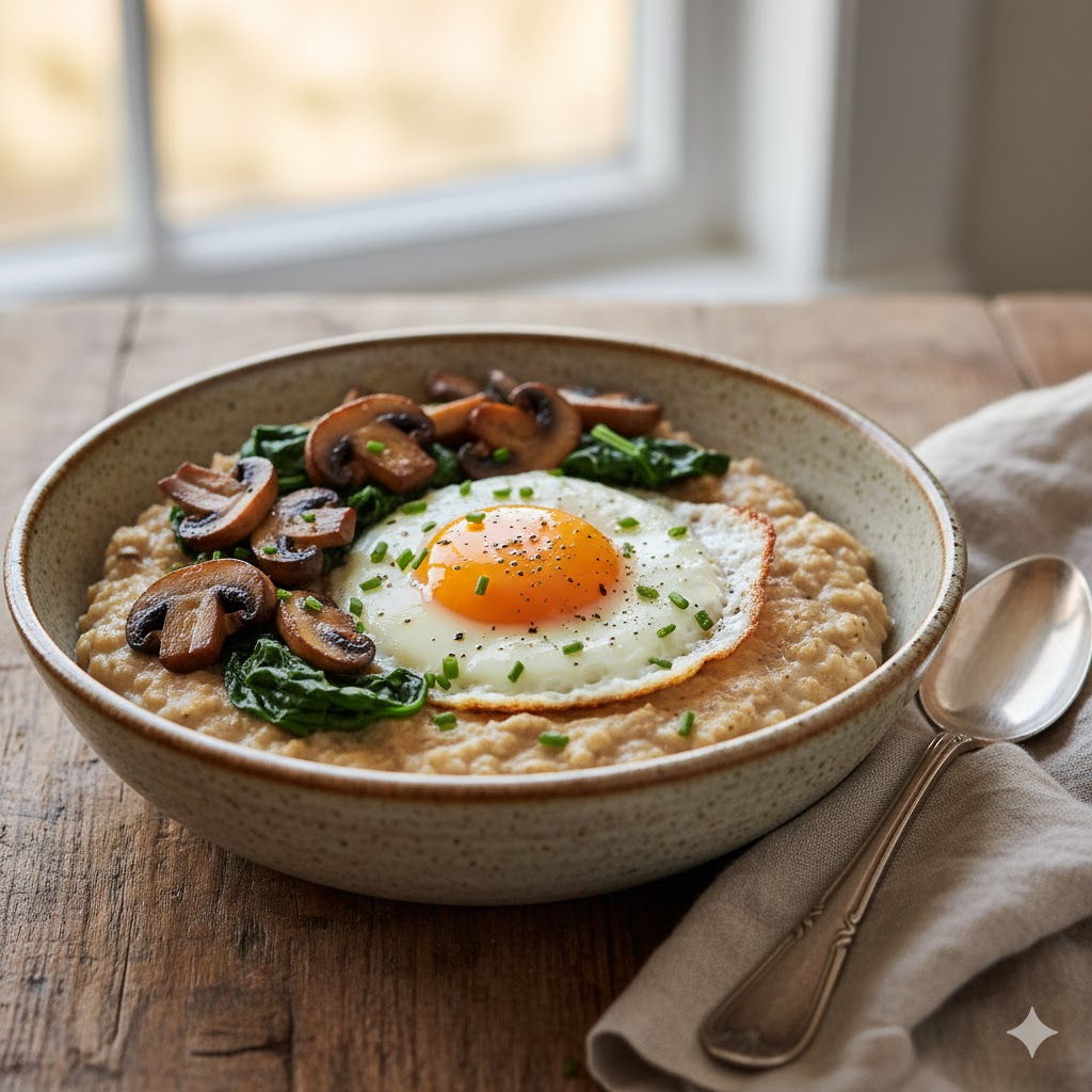 Savory oatmeal with vegetables and egg.