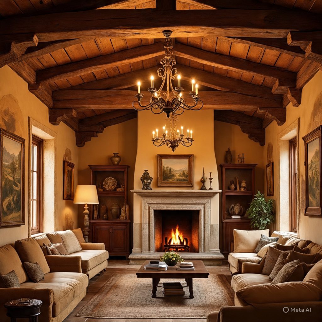 Rustic living room with exposed wooden beams.
