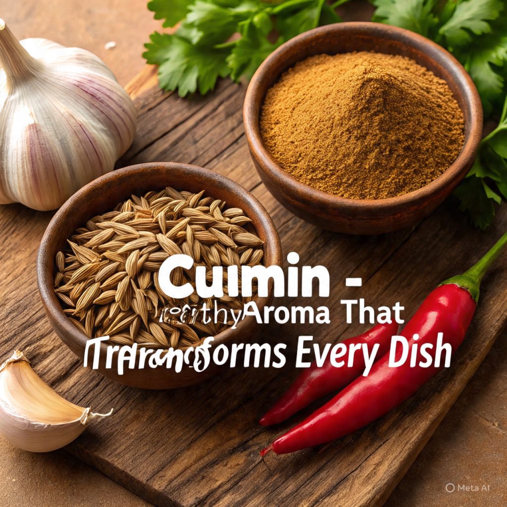 Whole and ground cumin, garlic, and red chili peppers on a wooden surface.