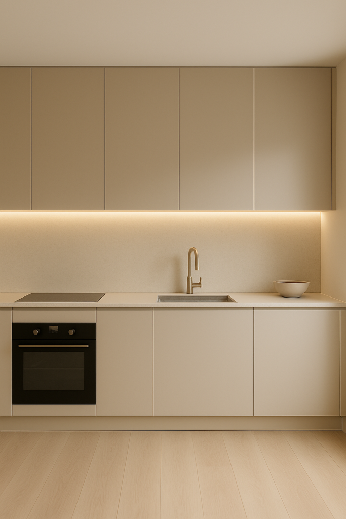 Minimalist beige kitchen with matte cabinets and hidden handles.