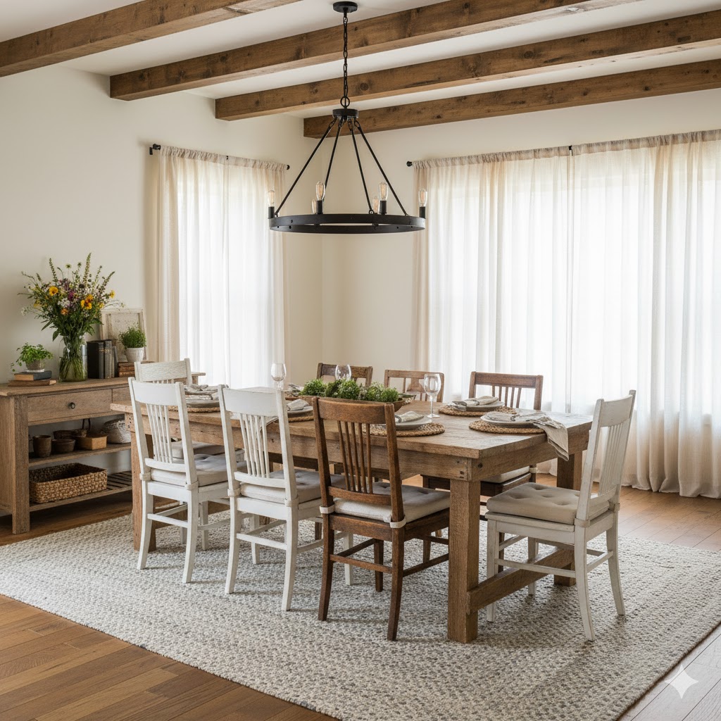 Rustic farmhouse dining room with wooden table and warm lighting.
