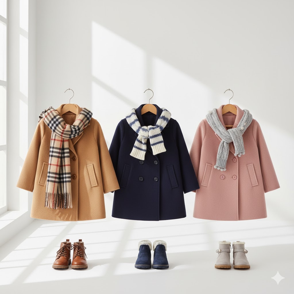 Elegant kids’ wool coats with scarves and boots for winter outings.
