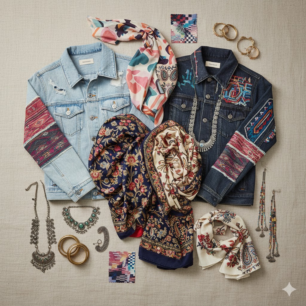 Mixed fashion fabrics and accessories representing the essence of fusion wear.