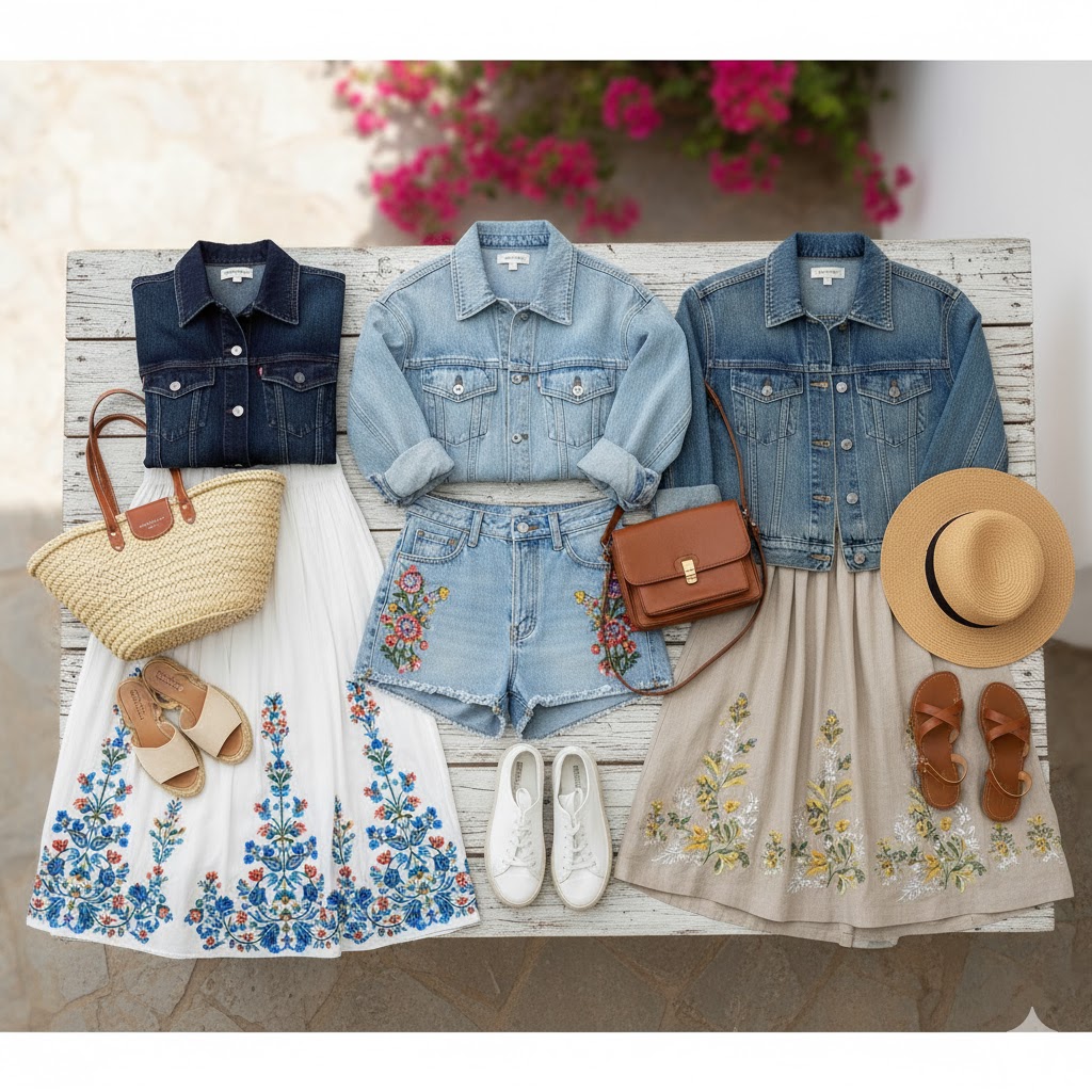 Kids’ denim jackets and skirts on wooden racks.