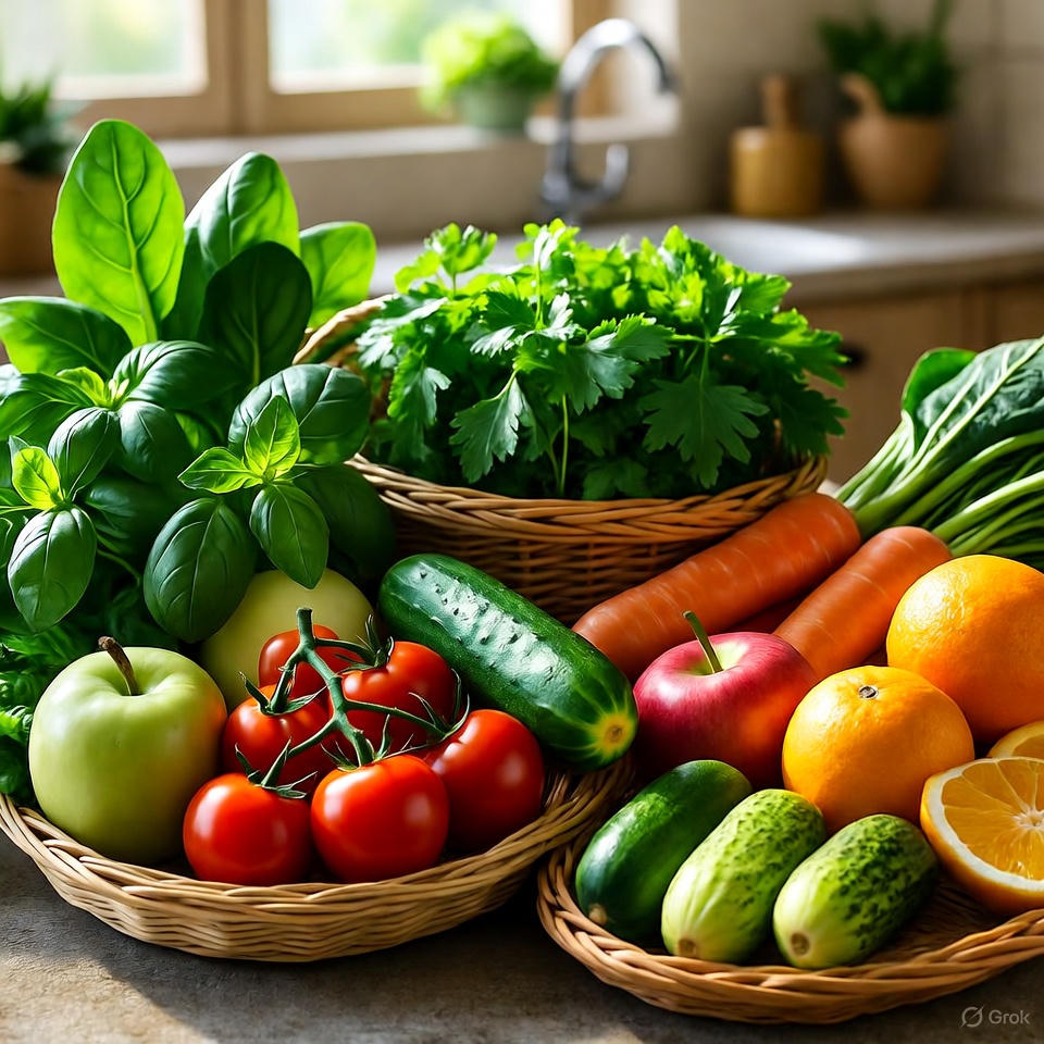 Fresh farm vegetables and herbs ready for cooking.