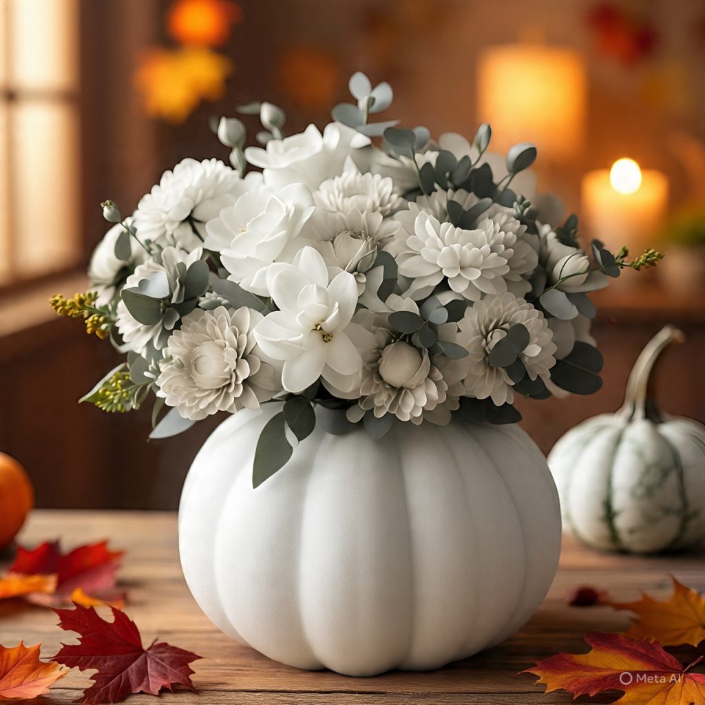 Elegant white pumpkin vase arrangement with soft pastel flowers.