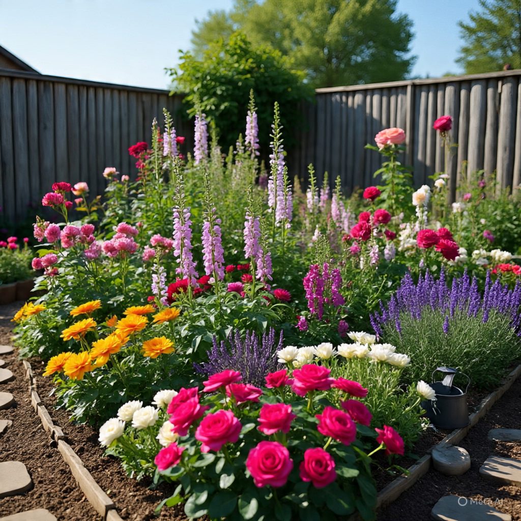 Blooming roses, foxgloves, and lavender create a colorful English garden border.