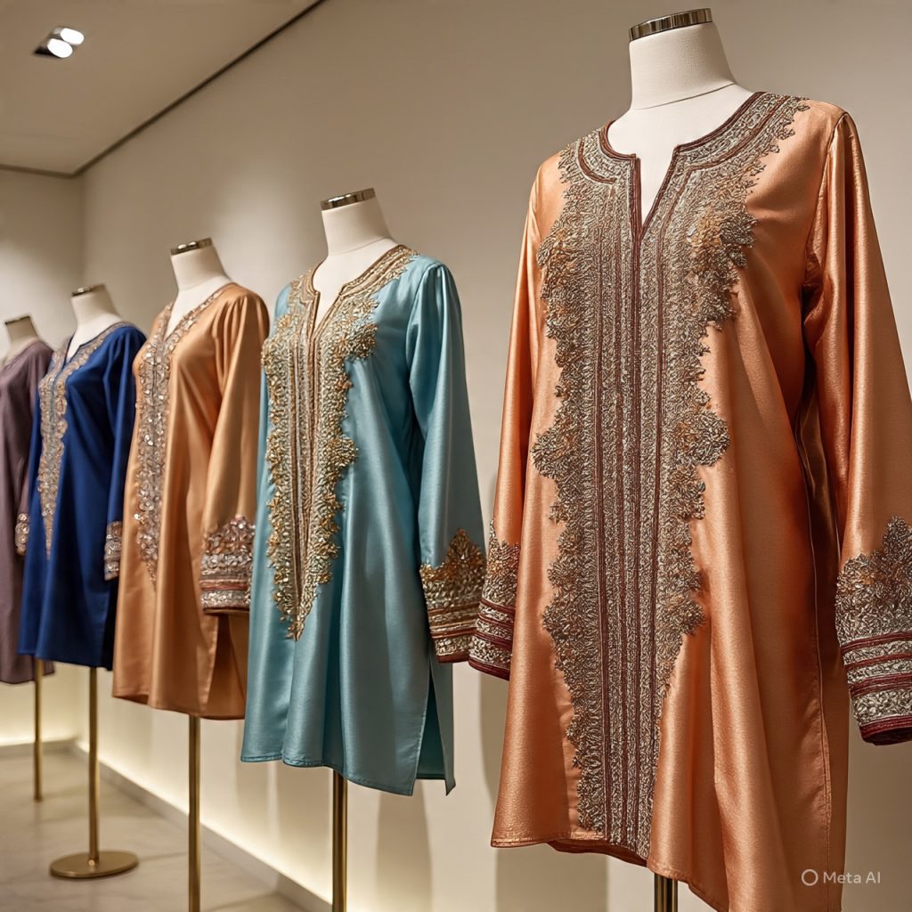 Metallic silk tunics on display.