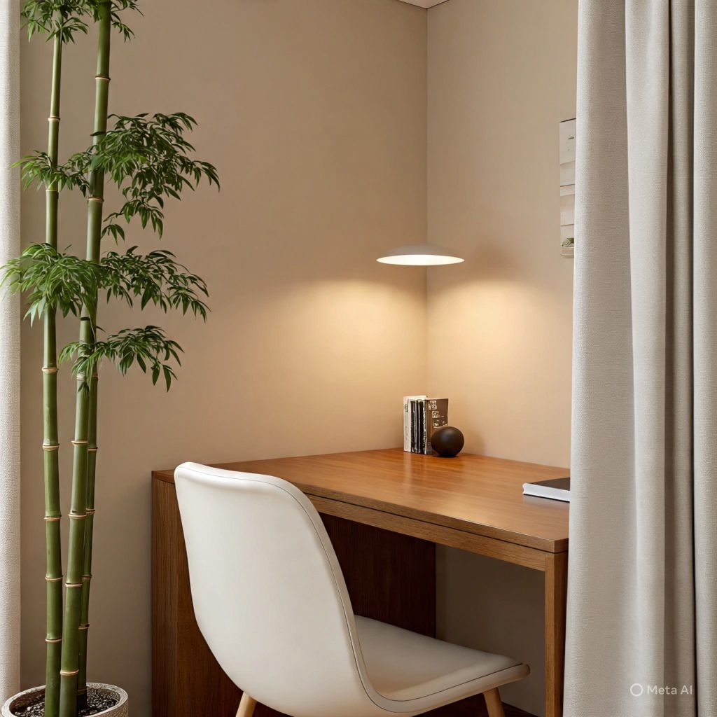 Neutral-toned Japanese home office with bamboo details.
