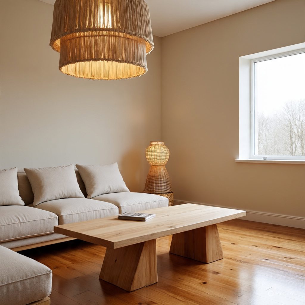 Minimal Scandinavian nook with macramé art, wicker lamp, and soft neutral tones.