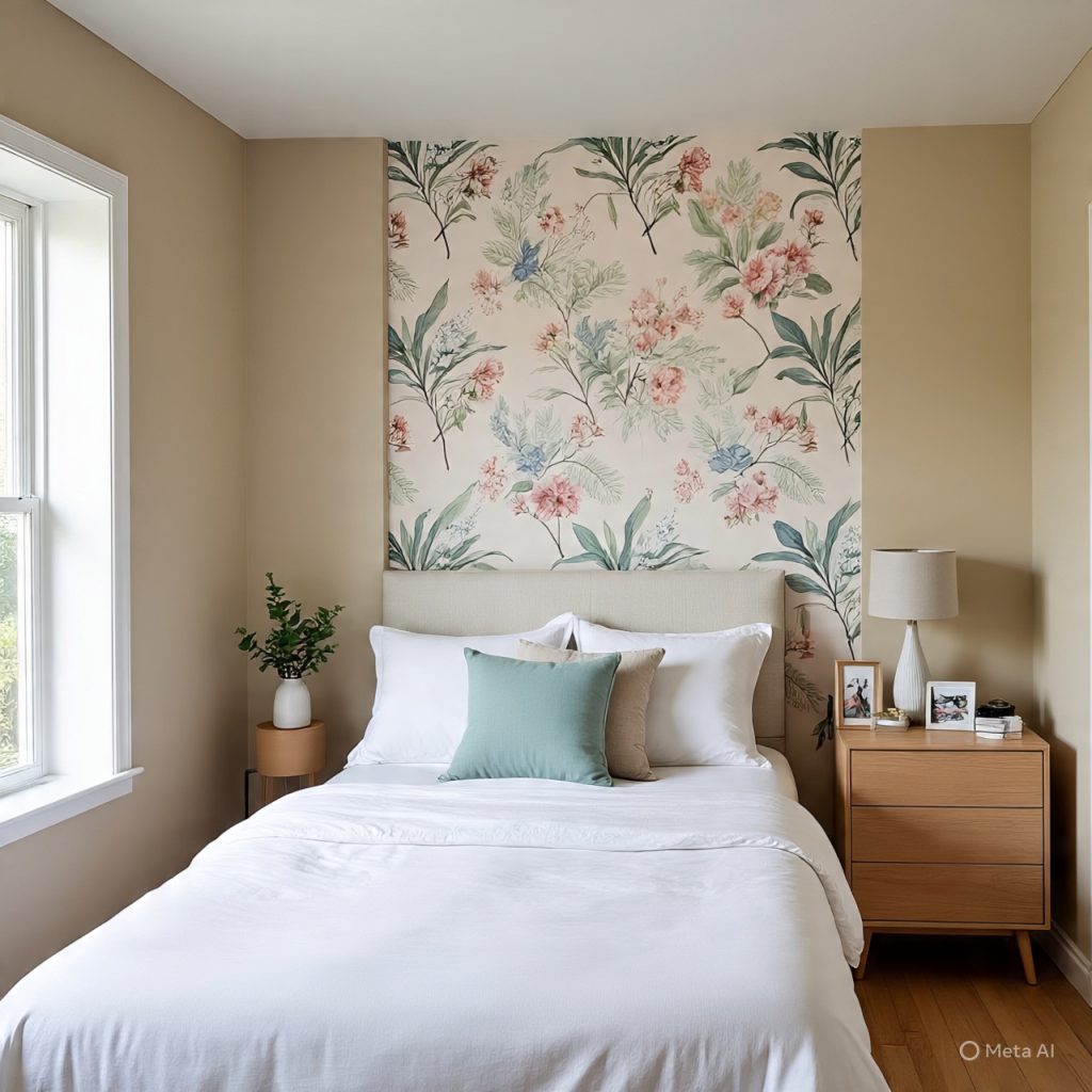 Bedroom with botanical accent wall and floral prints for spring refresh.