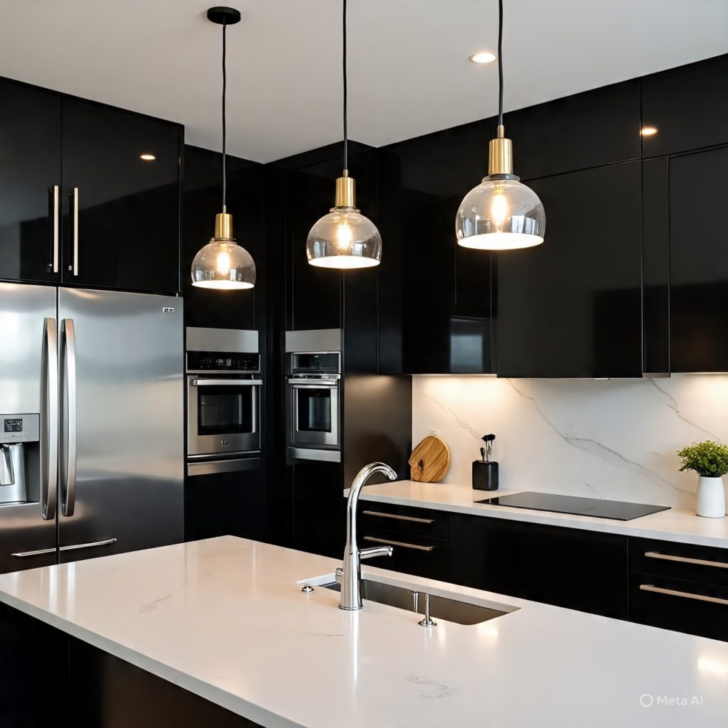 Black cabinetry and white marble island in modern kitchen.