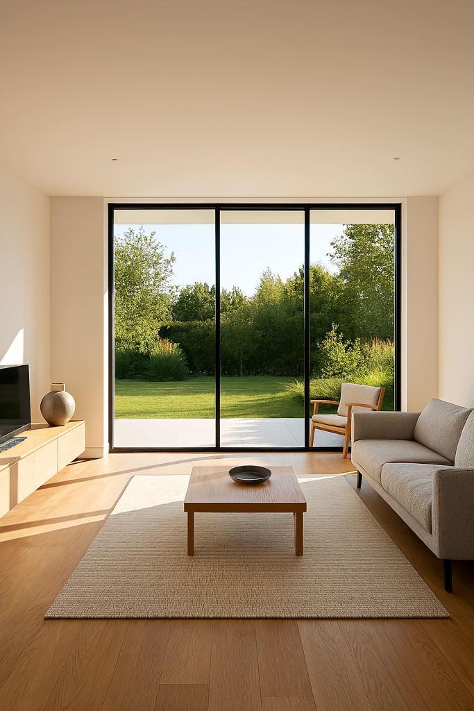 Open modern living room with natural light and simple decor.