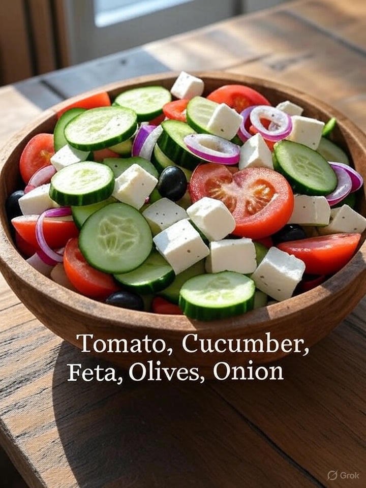 A close-up of a traditional Greek salad in a wooden bowl, featuring sliced tomatoes, cucumbers, red onions, black olives, and cubes of feta cheese. 