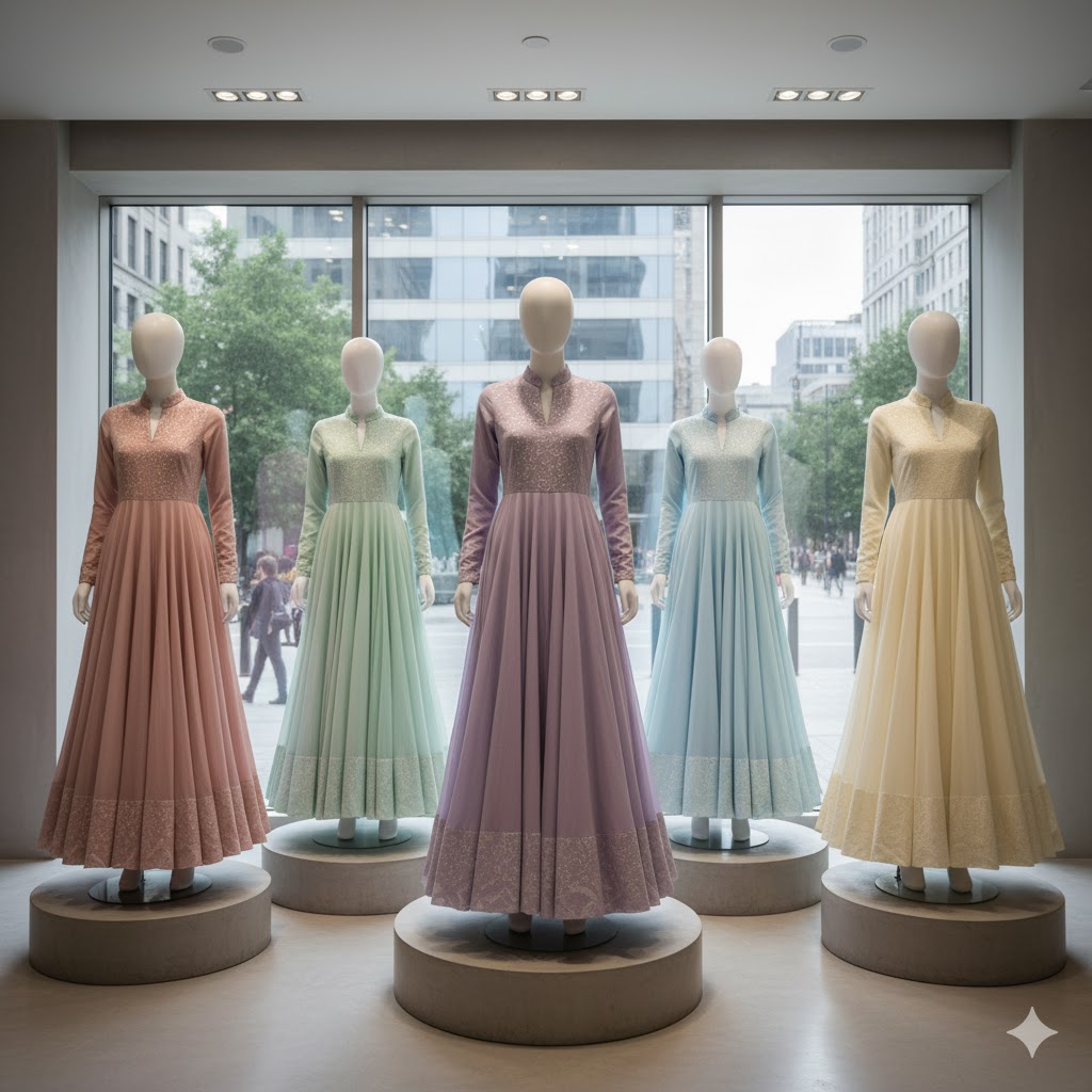 Minimalist Anarkali dresses on display.