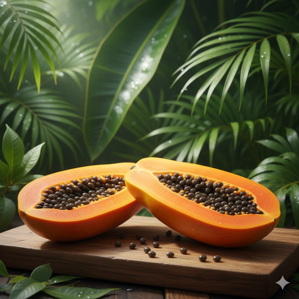 Papaya rich in vitamin C and digestive enzymes.