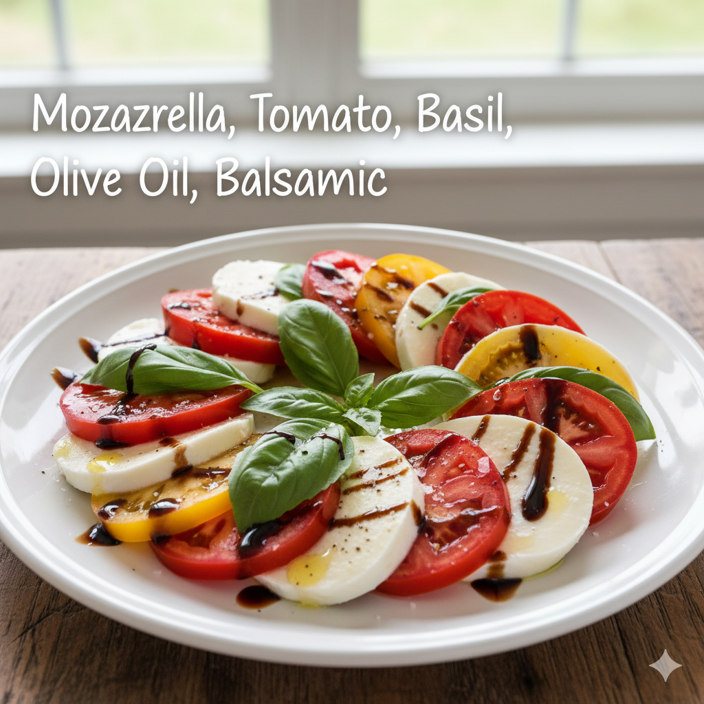 A classic Caprese salad with sliced tomatoes, mozzarella, fresh basil, and a balsamic glaze drizzle. 