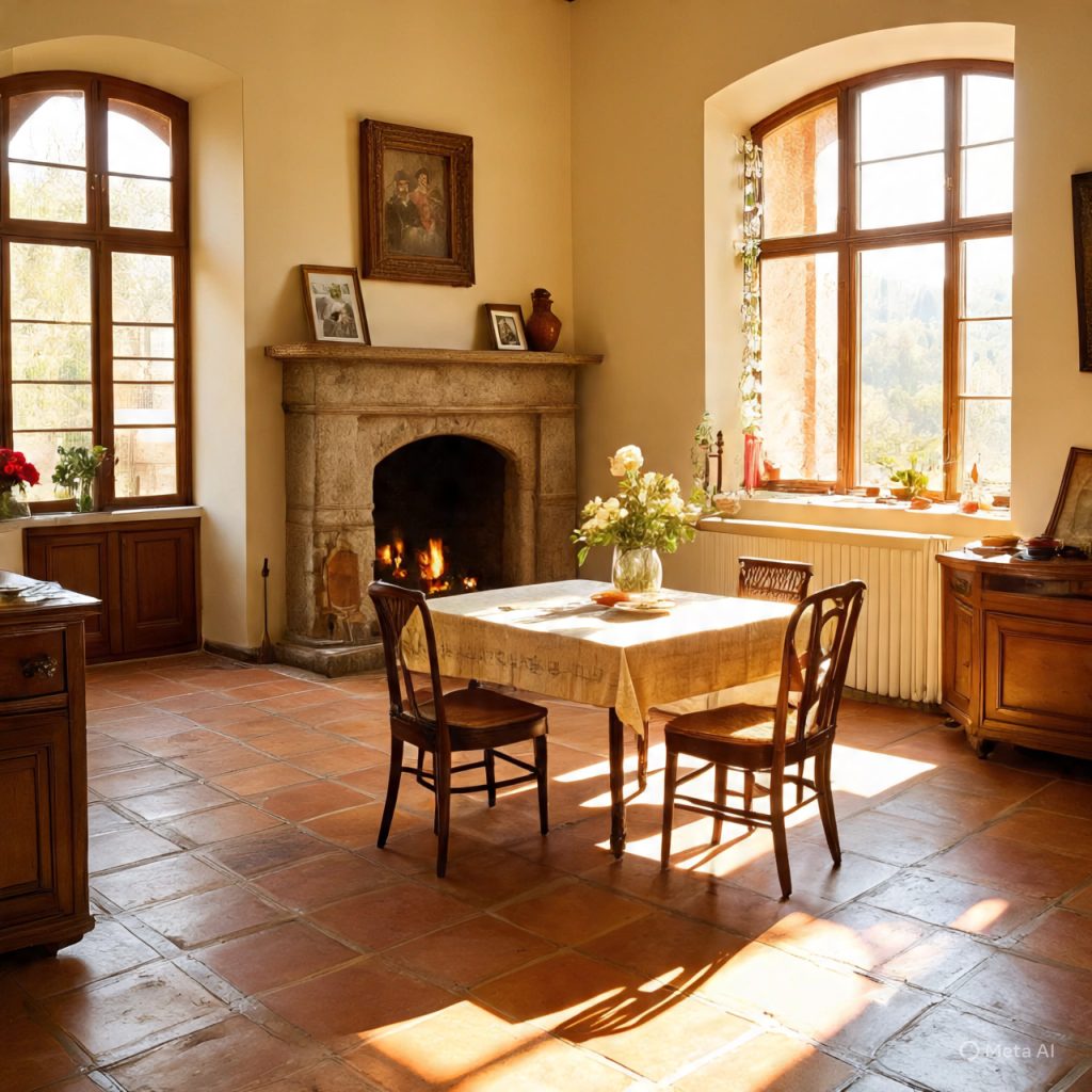 Traditional terracotta tile flooring in Italian farmhouse.