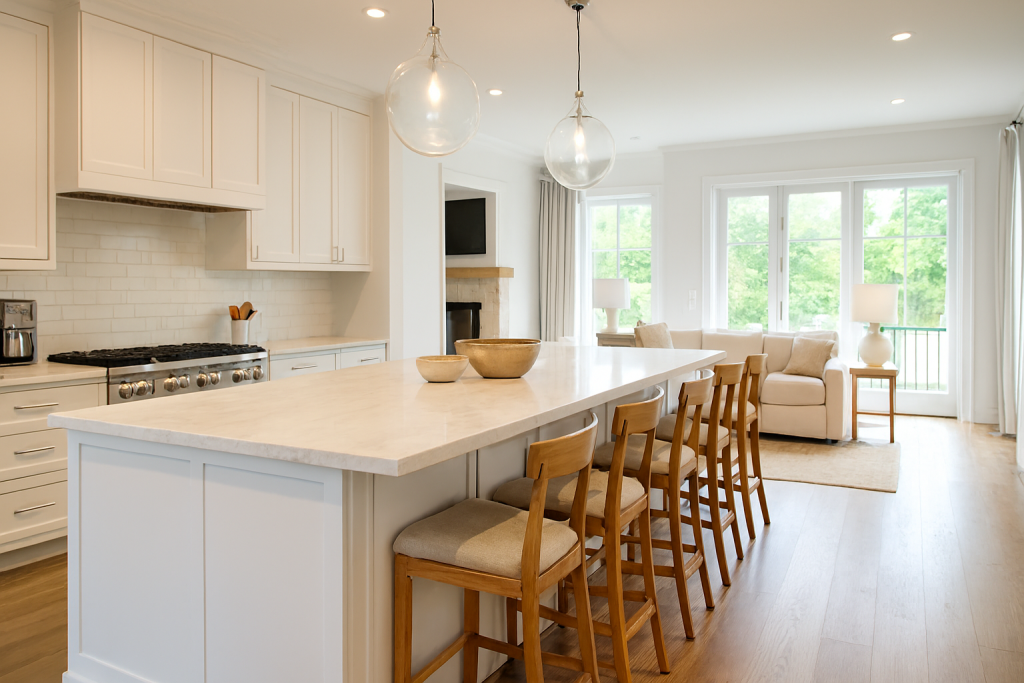 Open-concept barndominium kitchen with dining island.