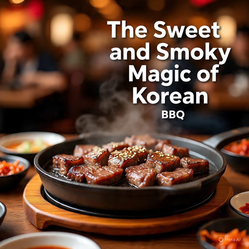 Korean BBQ beef grilling with sesame seeds on top.
