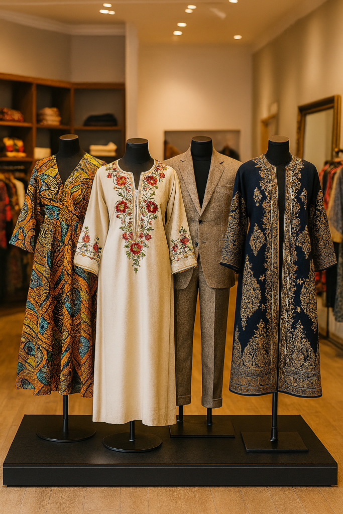 Display of global textiles showing cross-cultural fashion influences.