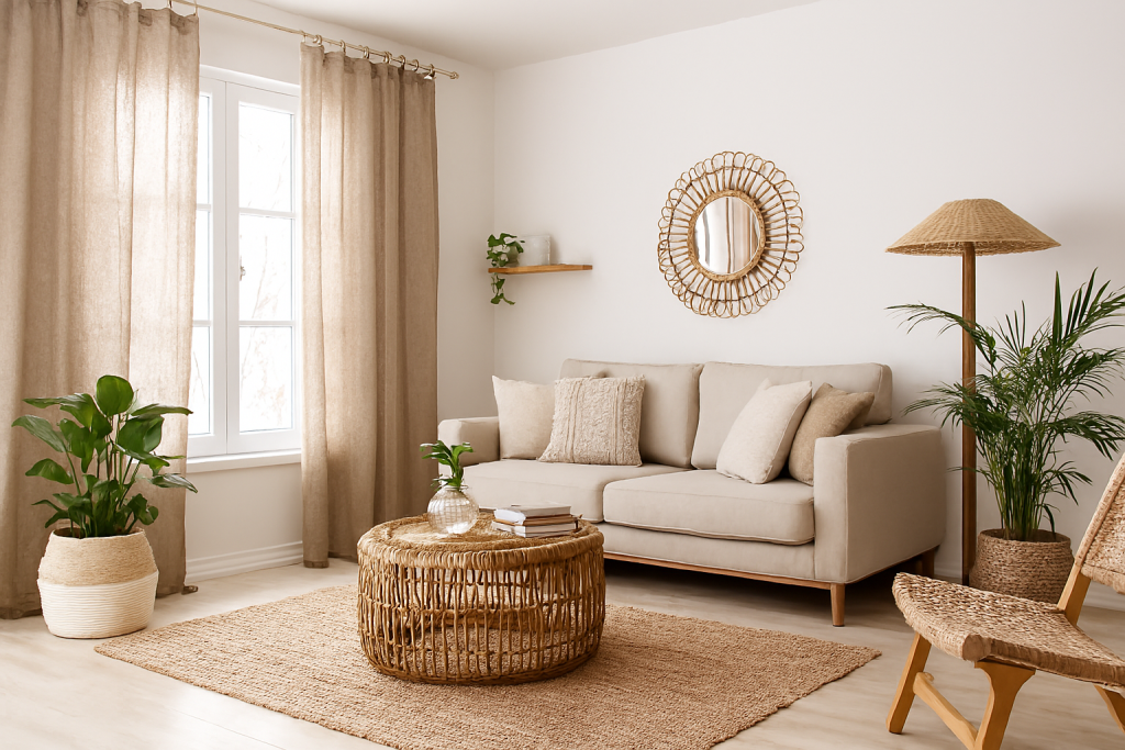 Off-white earthy curtains with natural texture in living room