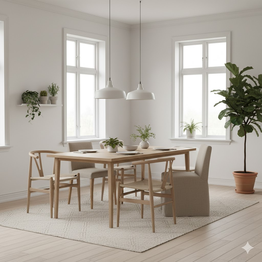 Scandinavian dining room with light wood table and minimalist decor.