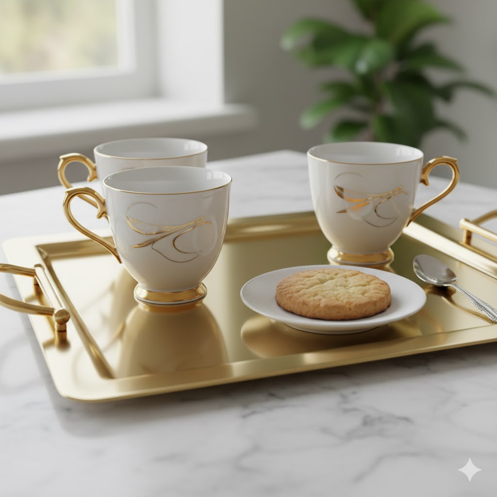 Gold-rimmed espresso cups on mirrored tray.