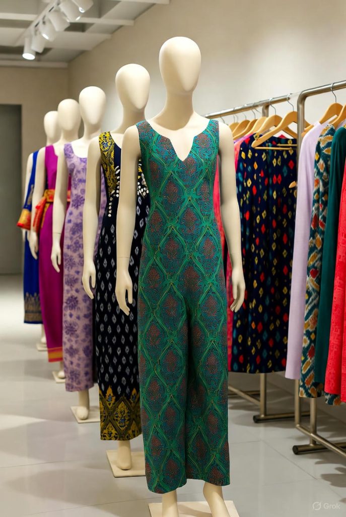 Modern jumpsuits with ethnic prints in boutique.