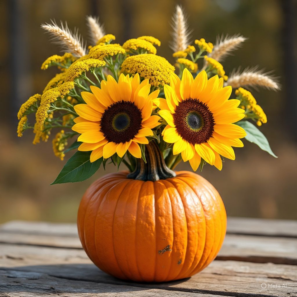 Sunflower-filled pumpkin vase centerpiece.