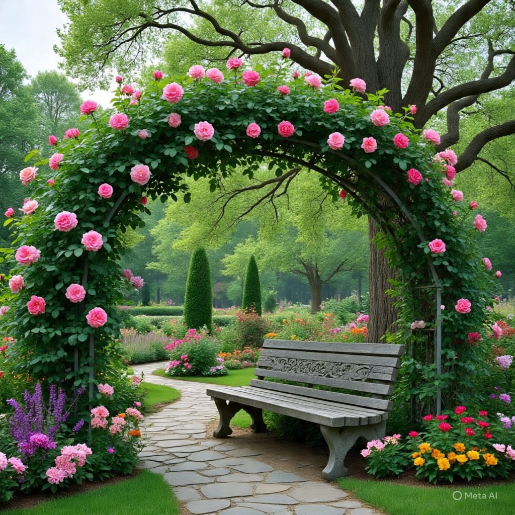 Garden arch with climbing roses and winding stone path through lush greenery.