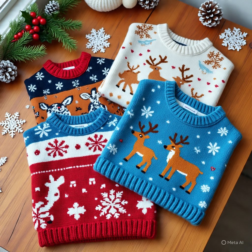Colorful kids’ chunky knit sweaters with fun winter patterns.