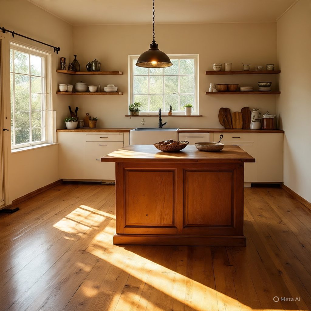 Beige cabinets with wooden accents and open shelves.