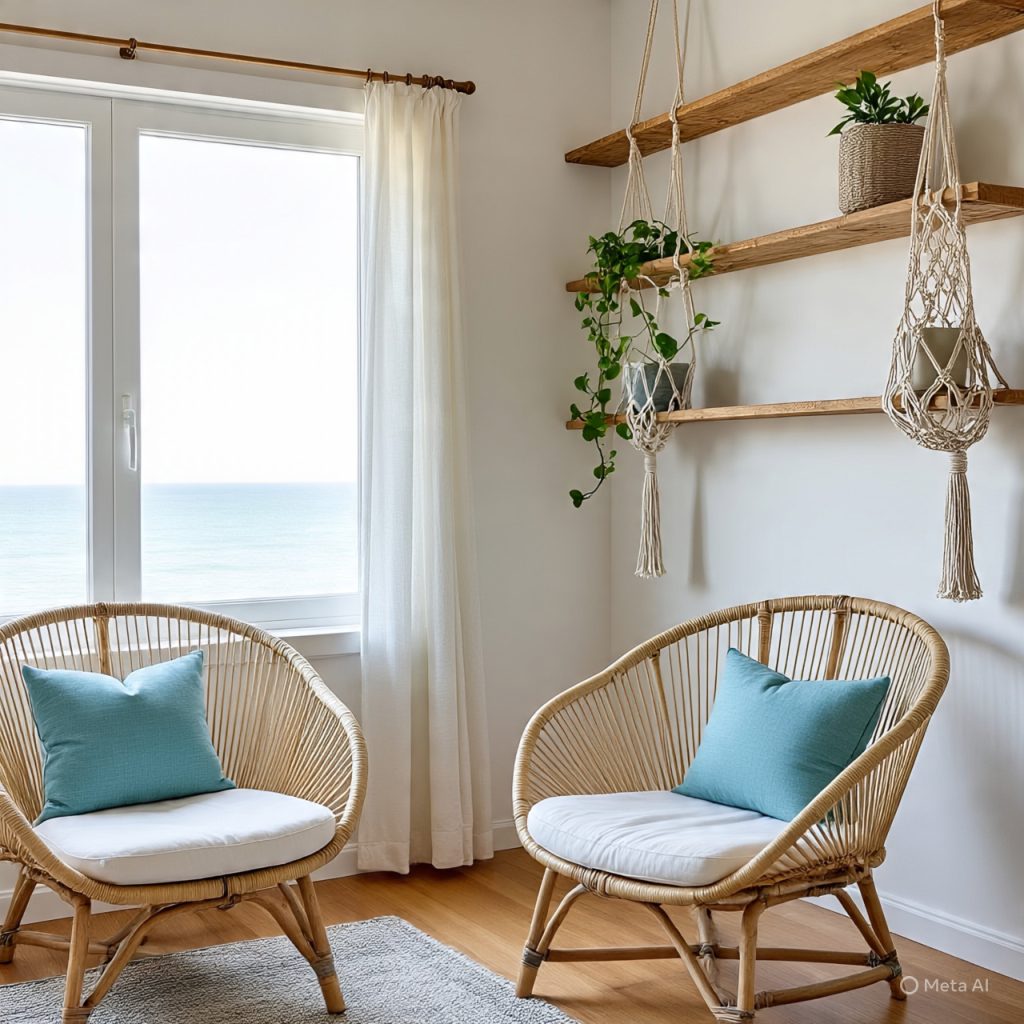 Modern coastal room with rattan furniture, bamboo shelving, and macramé decor.