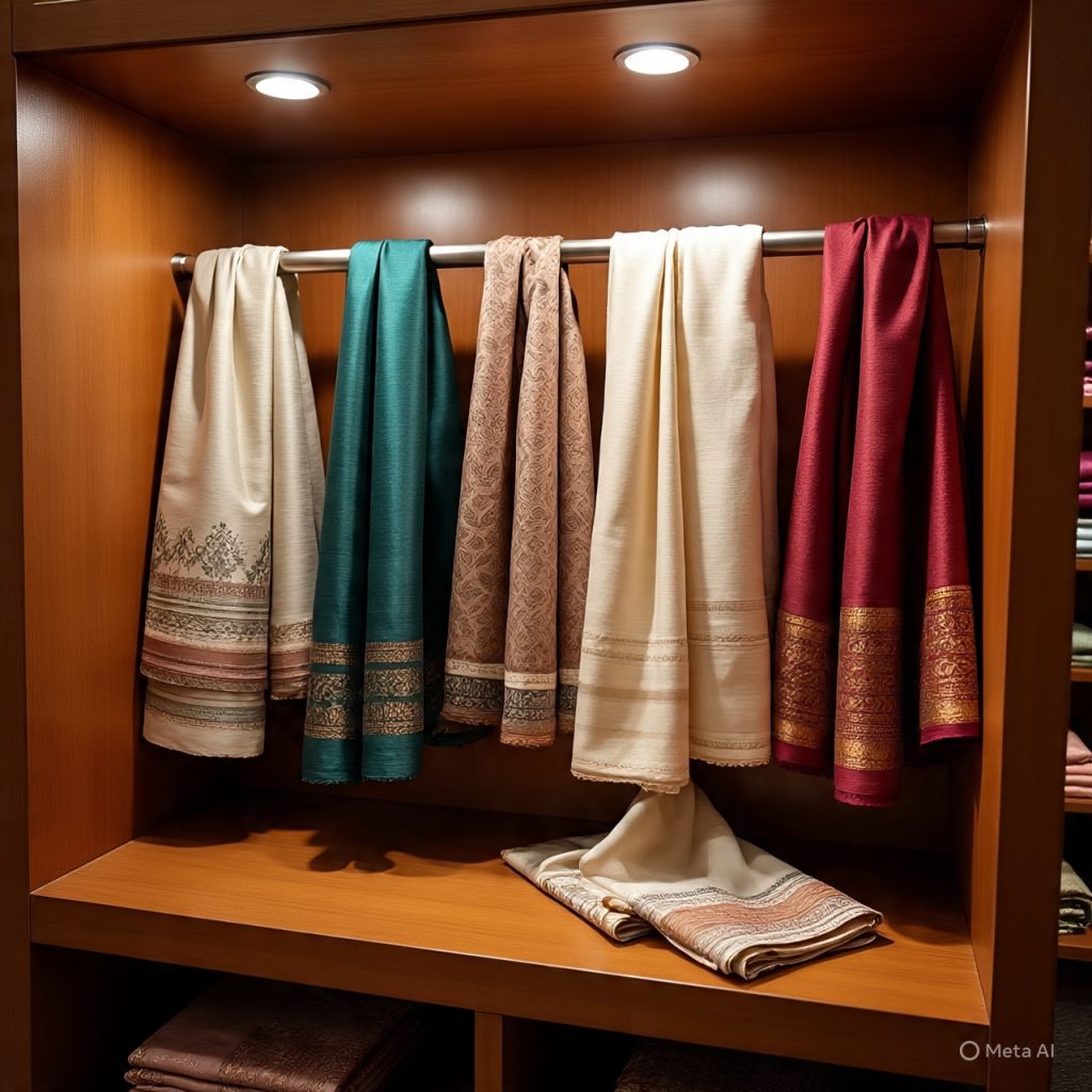 Colorful dupattas folded in boutique display.