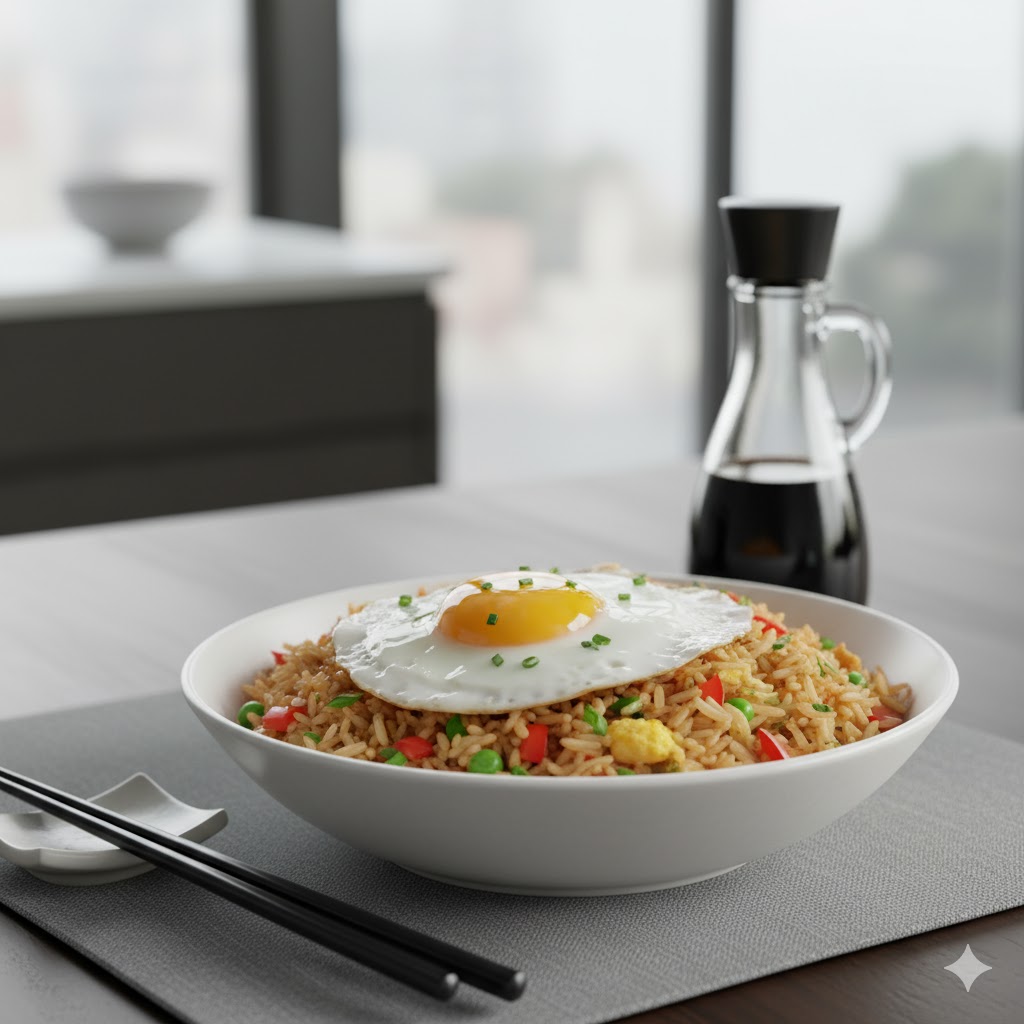 Fried rice with egg and vegetables in bowl.