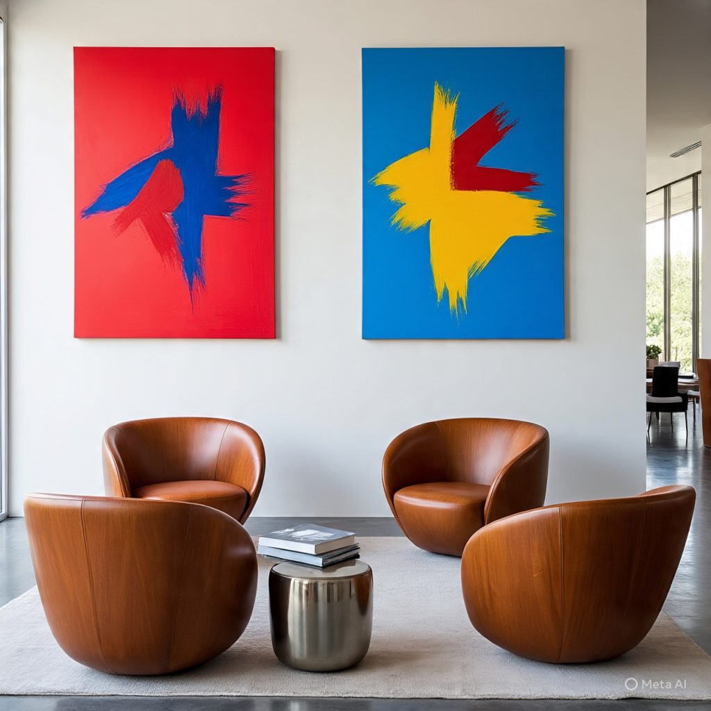 Living room with colorful abstract wall art.