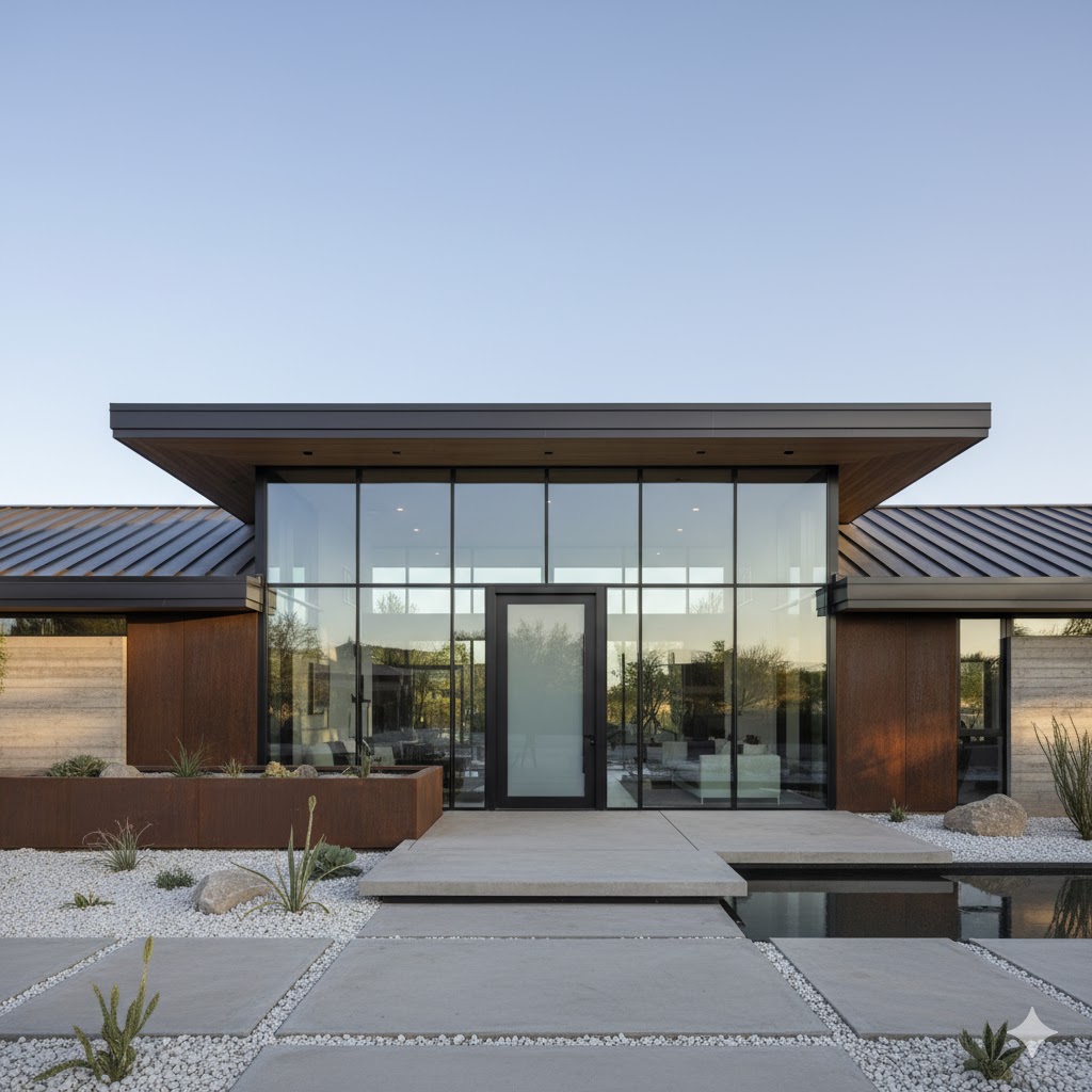 Modern architectural home with concrete and glass elements.