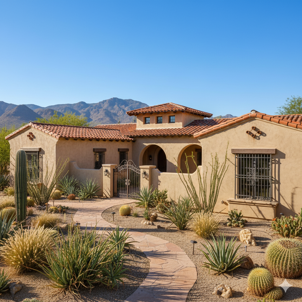 A desert landscape featuring ornamental grasses and cacti, with a winding path in the background.