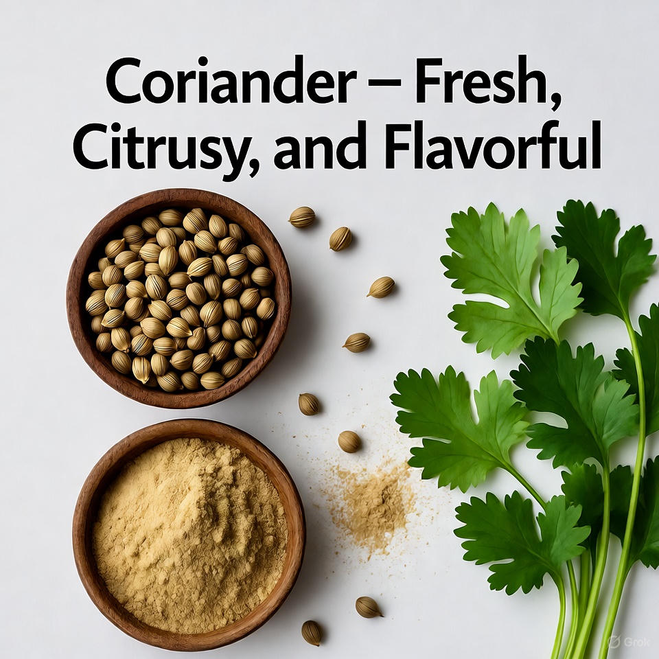 An image showing three forms of coriander: fresh leaves, whole seeds in a bowl, and ground powder in a bowl, with the text "Coriander – Fresh, Citrusy, and Flavorful". 