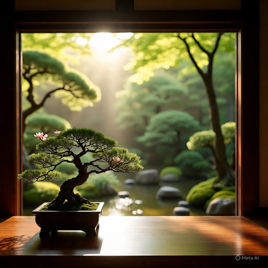 Desk near window with bonsai and natural garden view.